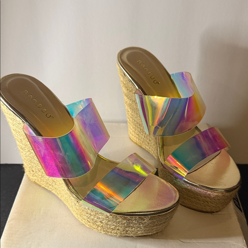 BAMBOO Holographic Iridescent Multi-Color Espadrille Wedge Sandals